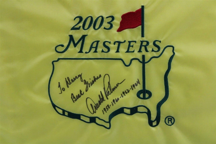 Arnold Palmer Signed 2003 Masters Embroidered Flag w/Years Won - Framed JSA ALOA