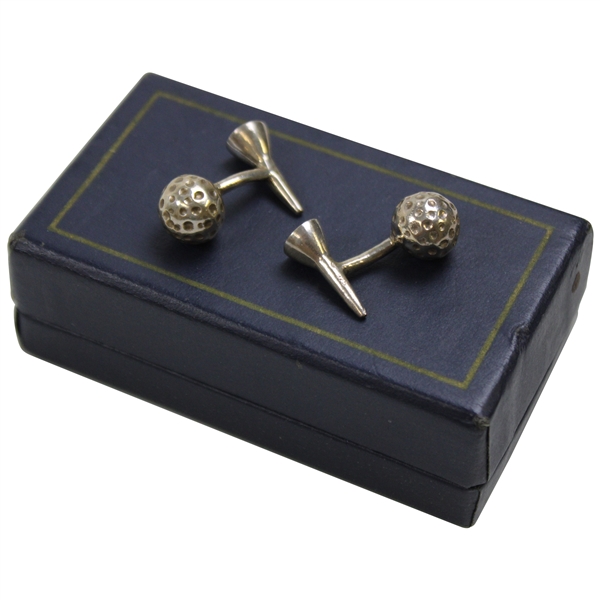 Pair of Silver Golf Ball with Tee Cuff Links in Original Navy Blue Display Box