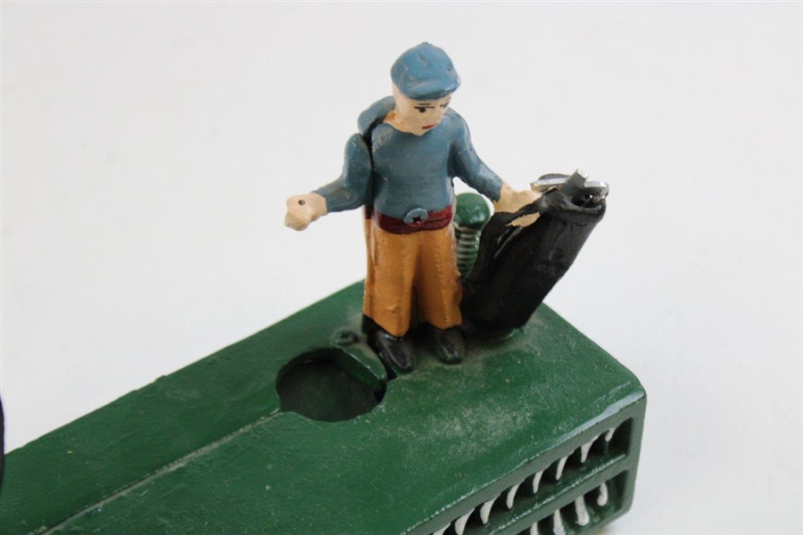 Cast Iron Birdie Putt Mechanical Golf Bank with Golfer & Caddie on Green