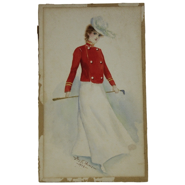 Original Drawing Of A Lady Holding A Golf Club Signed May K. Powers 1902