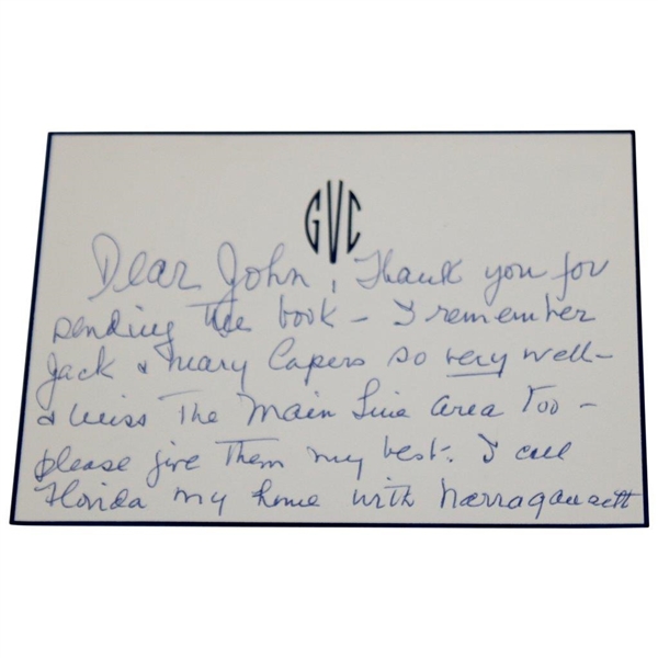 Glenna Collett Vare Stationary With A Note And Her Autograph Glenna Vare JSA ALOA 