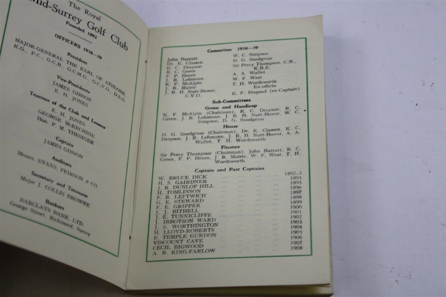 The Royal Mid-Surrey Golf Club List Of Members April, 1939 From J. H. Taylor Estate
