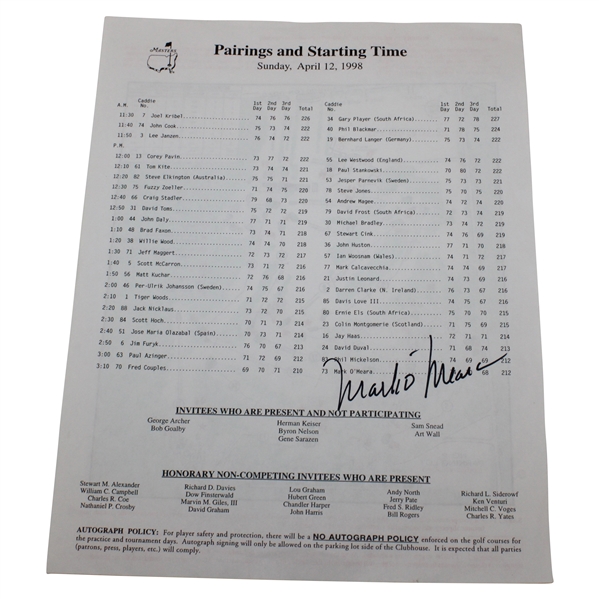 Mark OMeara Signed 1998 Masters Sunday Pairings Sheet JSA ALOA
