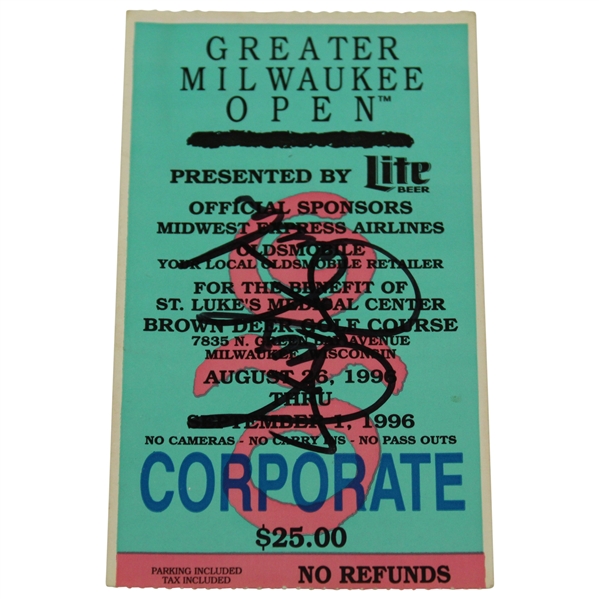 Tiger Woods Pro Debut 1996 GMO Corporate Series Ticket Stub Signed by Stricker JSA ALOA