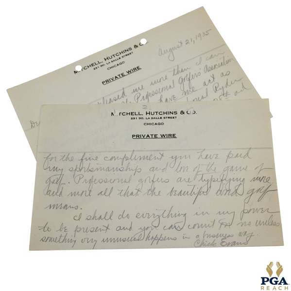 Chick Evans Signed 1935 Handwritten Letter to George on Mitchell, Hutchins & Co Letterhead 8/21 JSA ALOA