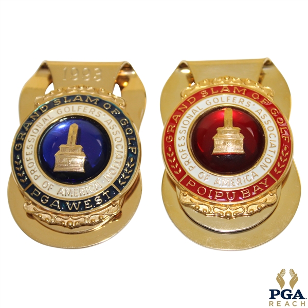 Two (2) PGA Grand Slam of Golf Money Clips/Badges - PGA West & Poipu Bay