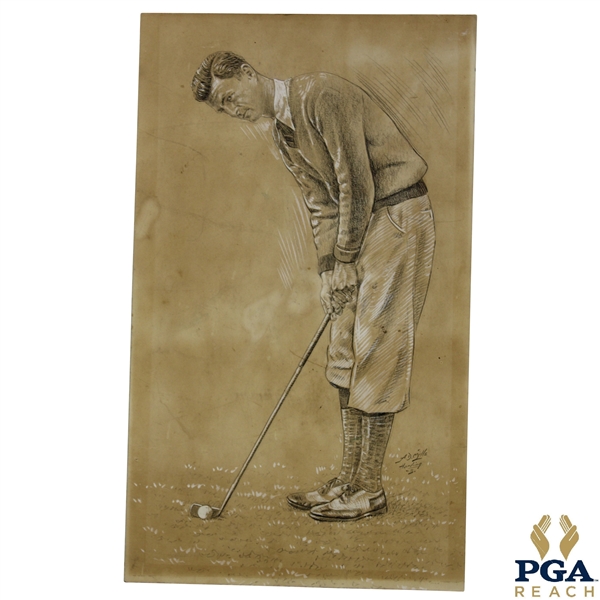 Original Pencil & Chalk on Board Sketch of Putting Golfer by Artist A.D. Mills