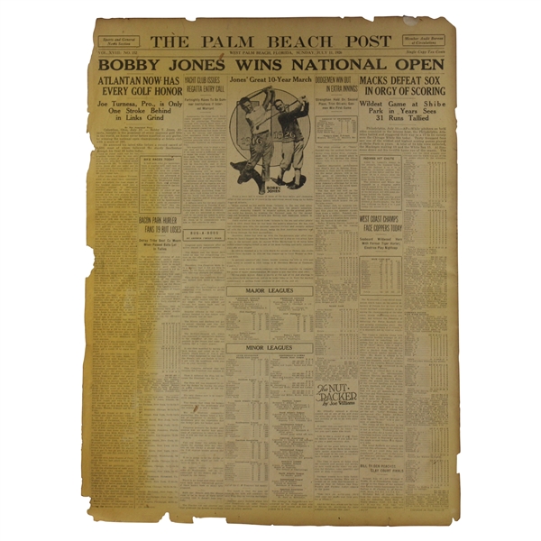 1926 Bobby Jones Wins National Open The Palm Beach Post Newspaper Page - July 11th