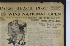 1926 'Bobby Jones Wins National Open' The Palm Beach Post Newspaper Page - July 11th