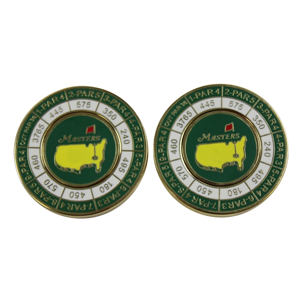 Two (2) Masters Tournament Junior Patron Ball Markers w/Course Hole Yardage