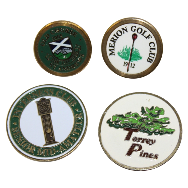 Merion, Inverness, St. Andrews Old Course & Torrey Pines Ball Markers - Four (4)