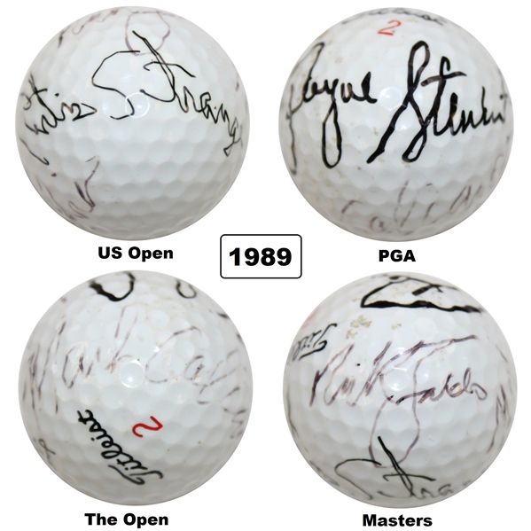 1989 Major Champs Stewart, Strange, Faldo & Calcavecchia Multi-Signed Grand Slam Ball JSA ALOA