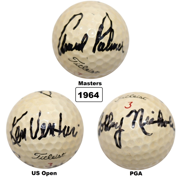 1964 Major Champs Arnold Palmer, Ken Venturi & Bobby Nichols Multi-Signed Grand Slam Ball JSA ALOA
