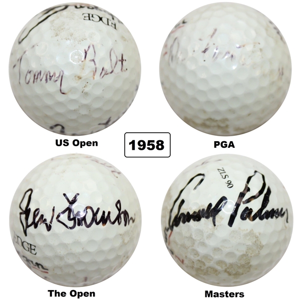 1958 Major Champs Palmer, Thomson, Bolt & Finsterwald Multi-Signed Grand Slam Ball JSA ALOA
