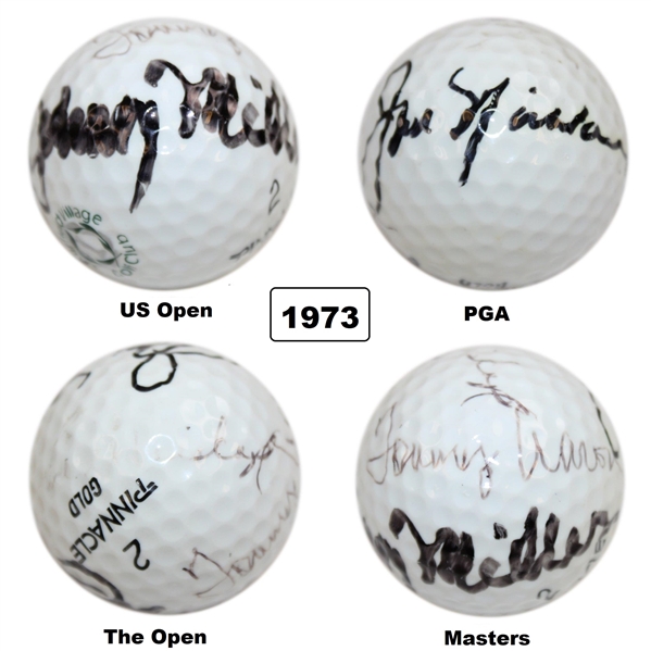 1973 Major Champs Nicklaus, Aaron, Miller & Weiskopf Multi-Signed Grand Slam Ball JSA ALOA