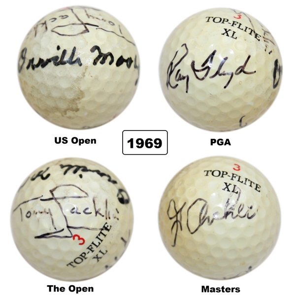 1969 Major Champs Archer, Floyd, Moody & Jacklin Multi-Signed Grand Slam Ball JSA ALOA