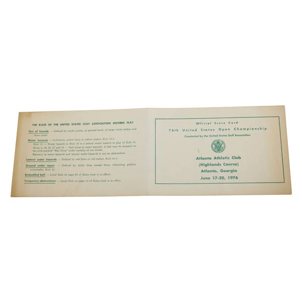 1976 US Open at Atlanta Athletic Club Official Scorecard