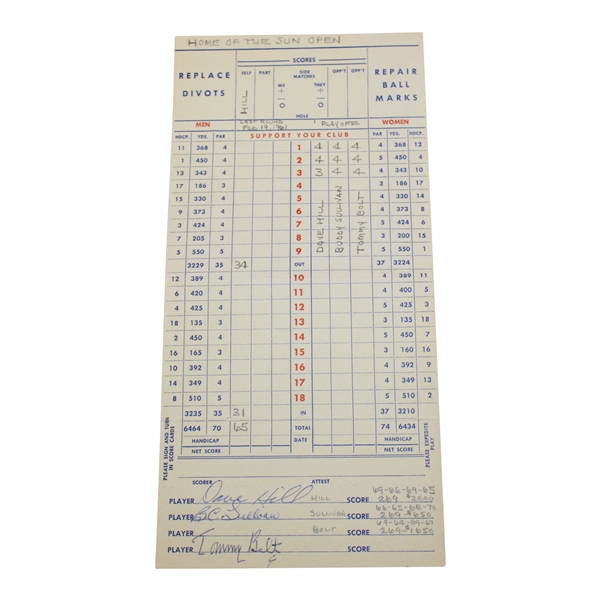 1961 PGA Sun Open Playoff Scorecard Signed By 3 Contestants Hill, Sullivan & Bolt JSA ALOA