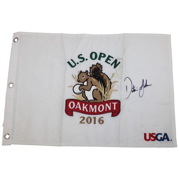 Dustin Johnson Signed 2016 US Open at Oakmont Embroidered Flag JSA ALOA