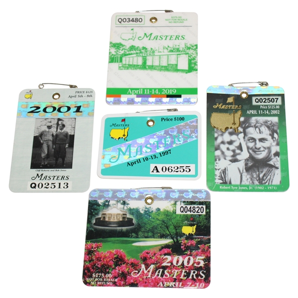 1997, 2001, 2002, 2005 & 2019 Masters Tournament SERIES Badges - All Tiger Woods Masters Wins