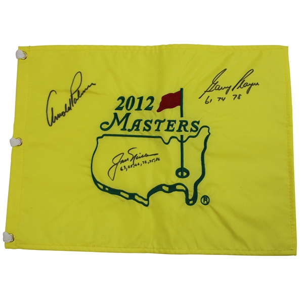 Big 3 Nicklaus, Palmer & Player Signed 2012 Masters Flag w/Years Won Notation JSA ALOA