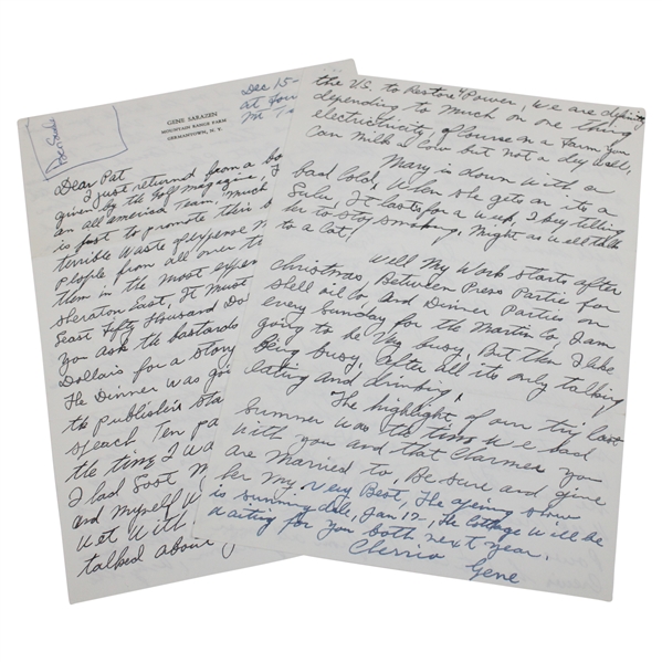 Gene Sarazen Signed 1964 Hand Written Letter To Writer Pat Ward Thomas - 1935 Masters Content! JSA ALOA