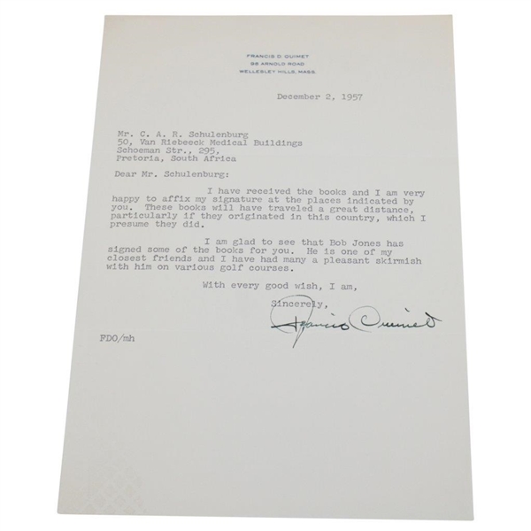 Lot Detail - Francis Ouimet Signed 1957 Letter Mentioning Bobby Jones ...