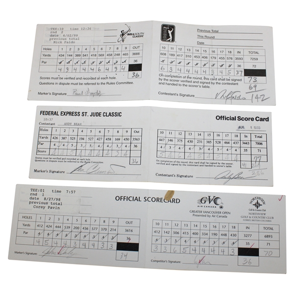 Bean, Daly, Pavin, Crenshaw, Faldo & Goydos Signed Used Official FedEx/BellSouth/Vancouver Scorecards