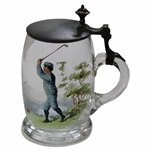 Vintage Hand-Painted Golfer Scene Lidded Glass Stein