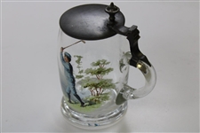 Vintage Hand-Painted Golfer Scene Lidded Glass Stein