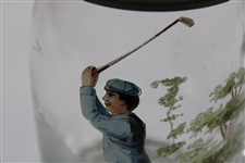 Vintage Hand-Painted Golfer Scene Lidded Glass Stein