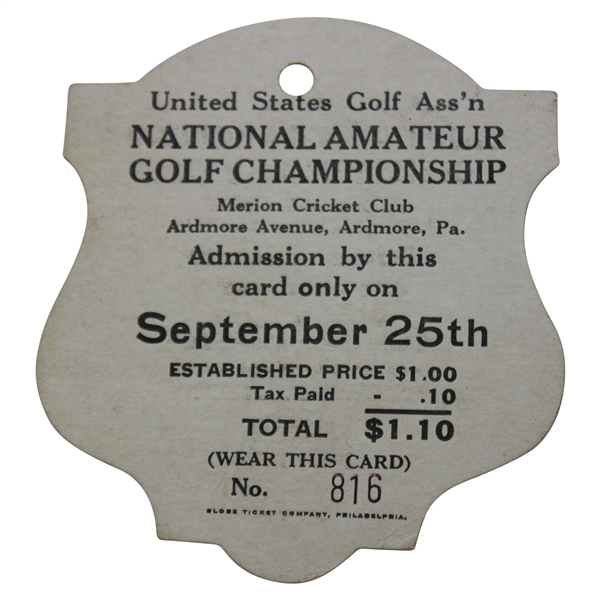 1924 US Amateur at Merion Golf Club Ticket #816 - Bobby Jones First Amateur Win