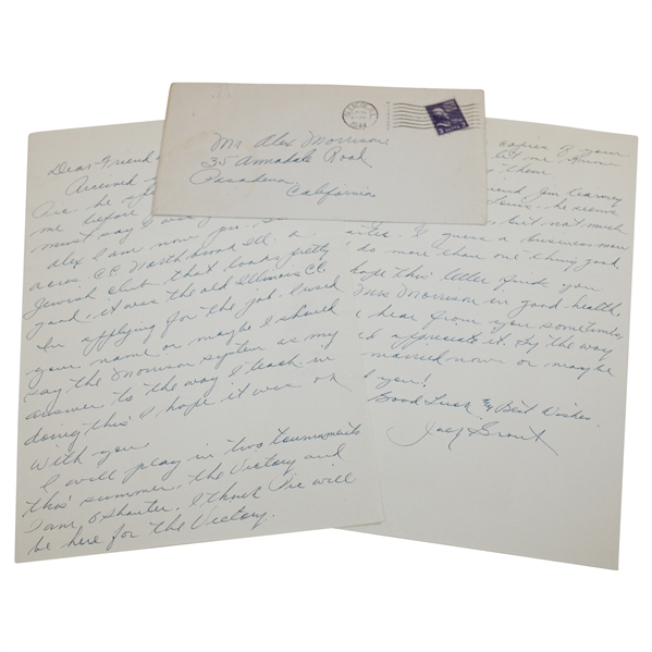 Jack Grout Signed Handwritten Letter to Alex Morrison w/Envelope