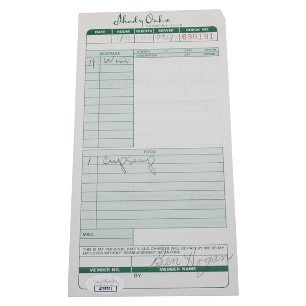 Ben Hogan Signed Shady Oaks Receipt JSA #AI55791
