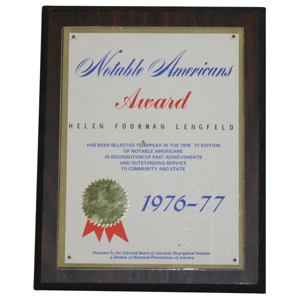 Helen Lengfelds 1976-77 Notable Americans Award Plaque