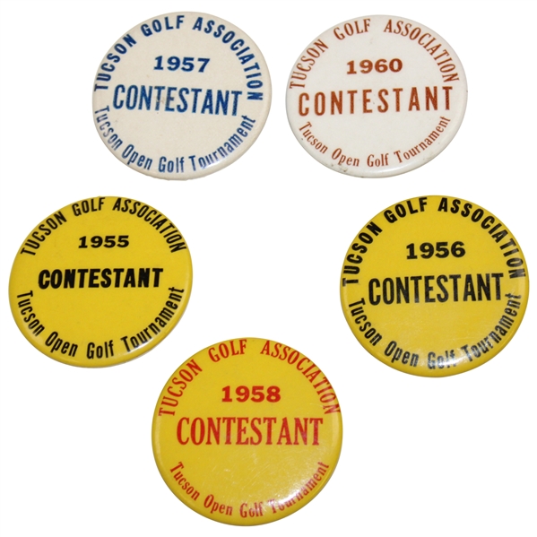 Five (5) Tour Tucson Open Contestants Badges - 1955, 1956, 1957, 1958 & 1960