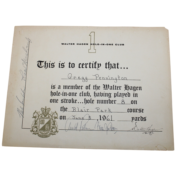 Arnold Palmer & others Signed Walter Hagen Hole In One Club Certificate JSA ALOA