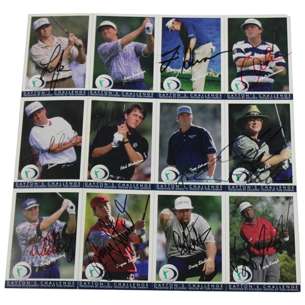 Signed Uncut 1996 Daytons Challenge Golf Card Sheet w/Early Mickelson Card, Stewart & Others JSA ALOA