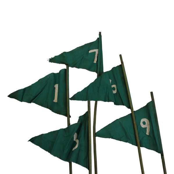 Five(5) Early 1900’s Hand-Stitched Double-Sided Green Golf Flags - #1, #3, #6, #7 & #9