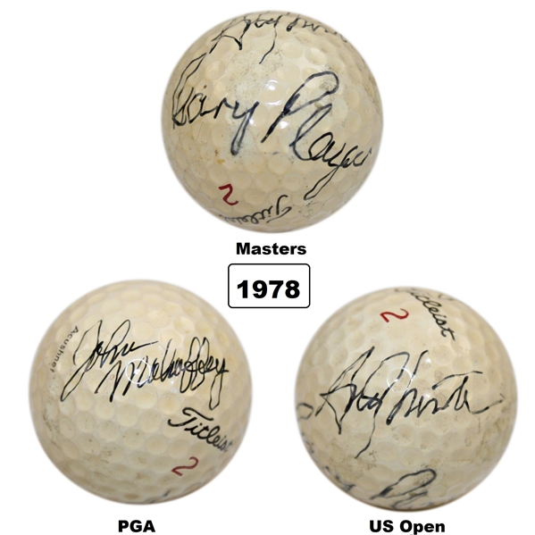1978 Major Champs Gary Player, John Mahaffey & Andy North Multi-Signed Grand Slam Ball JSA ALOA