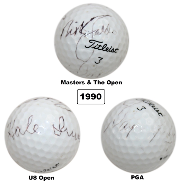 1990 Major Champs Nick Faldo, Wayne Grady & Hale Irwin Multi-Signed Grand Slam Ball JSA ALOA