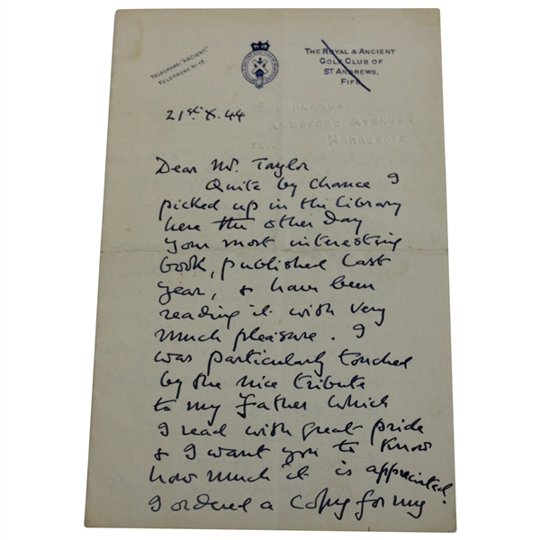 Handwritten Letter to J.H. Taylor about Taylors 1943 Golf: My Lifes Work