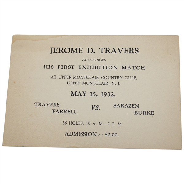 Jerome D. Travers Announcing 1st Exhibition Match w/Farrell, Sarazen, & Burke Cardboard Notice