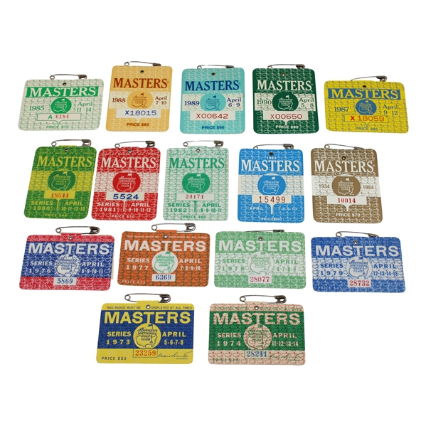 1973-1990 Masters Tournament SERIES Badges - Missing 1975 & 1986 - 16 Total