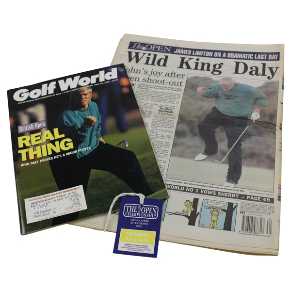 1995 OPEN Championship Sunday Ticket, Scottish Newspaper With Daly Article, & Golf World Magazine With Daly Cover