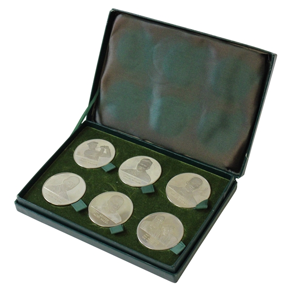 Six (6) Memorial Tournament Commemorative Coins Of Vardon, Nelson, Ouimet, Evans, Hagen, Morris Sr. & Jr. W/ Box
