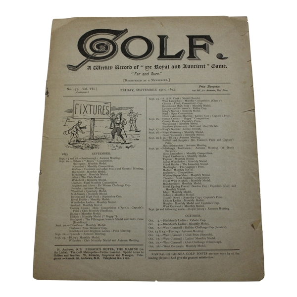 1893 Golf Weekly Record Of De Royal and Ancient" Game - No. 157. Vol. VII