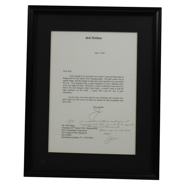 Jack Nicklaus Signed Typed Letter to Past PGA President Will Mann - 6/1/2001 JSA ALOA