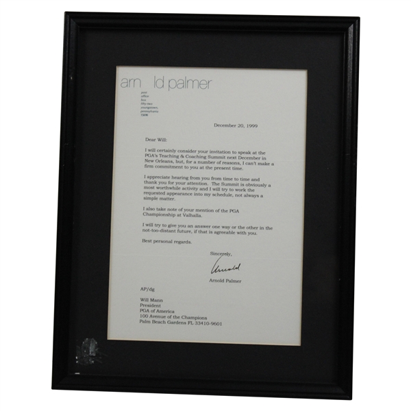Arnold Palmer Signed Typed Letter to Past PGA President Will Mann - 12/20/1999 JSA ALOA