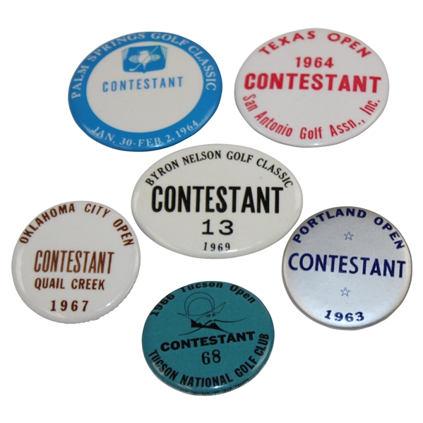 Lot of Six (6) Assorted Charles Coody Contestant Badges From 1963-1969